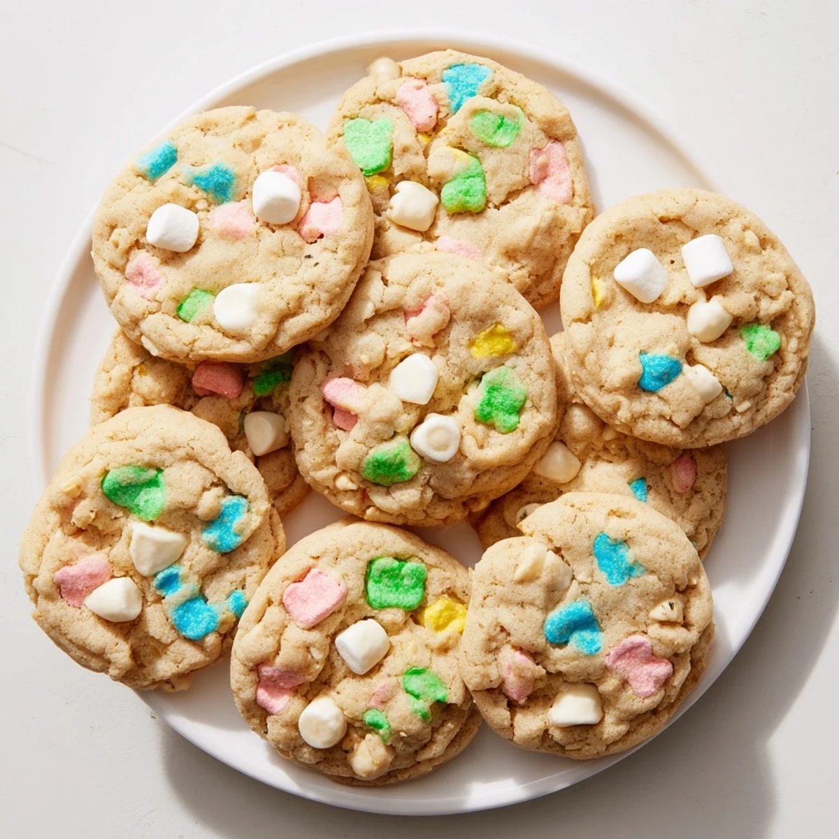 Golden Lucky Charms cookies topped with colorful cereal marshmallows and white chocolate chips