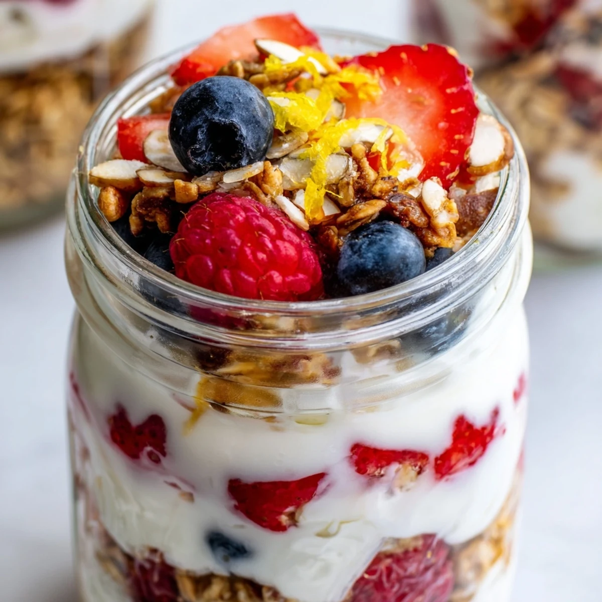 Creamy Greek yogurt parfait layered with fresh berries and golden crunchy granola