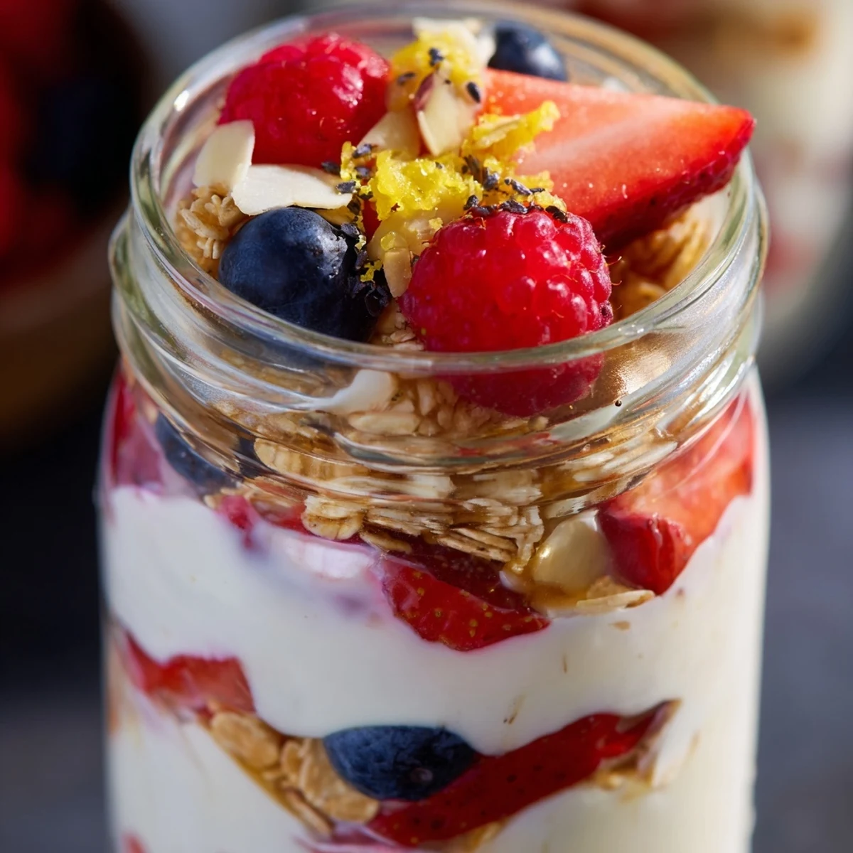 Greek yogurt parfait in a clear glass showing colorful berry and granola layers