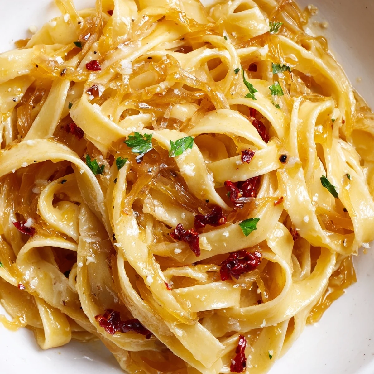 Creamy Sweet Heat Caramelized Onion Fettuccine topped with fresh parsley and Parmesan cheese
