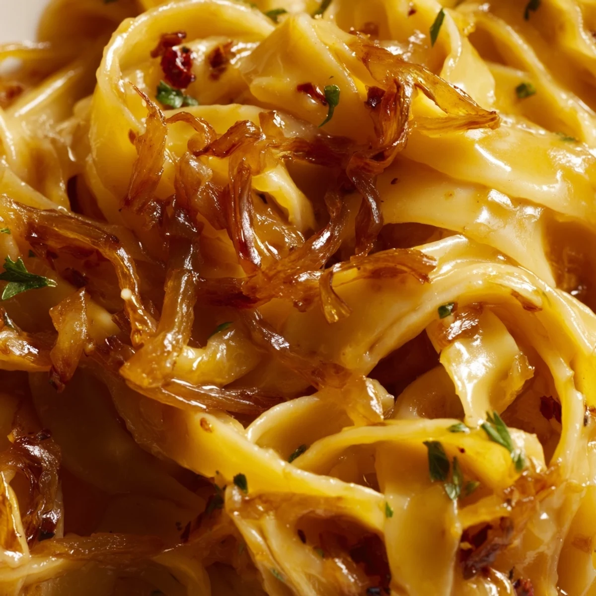 Golden caramelized onions coat Sweet Heat Caramelized Onion Fettuccine in a creamy, spicy sauce