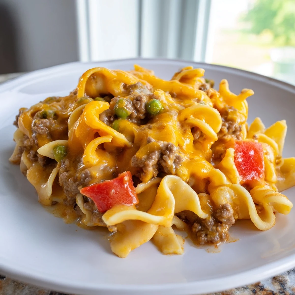 Golden bubbly cheesy beef and noodle casserole fresh from the oven