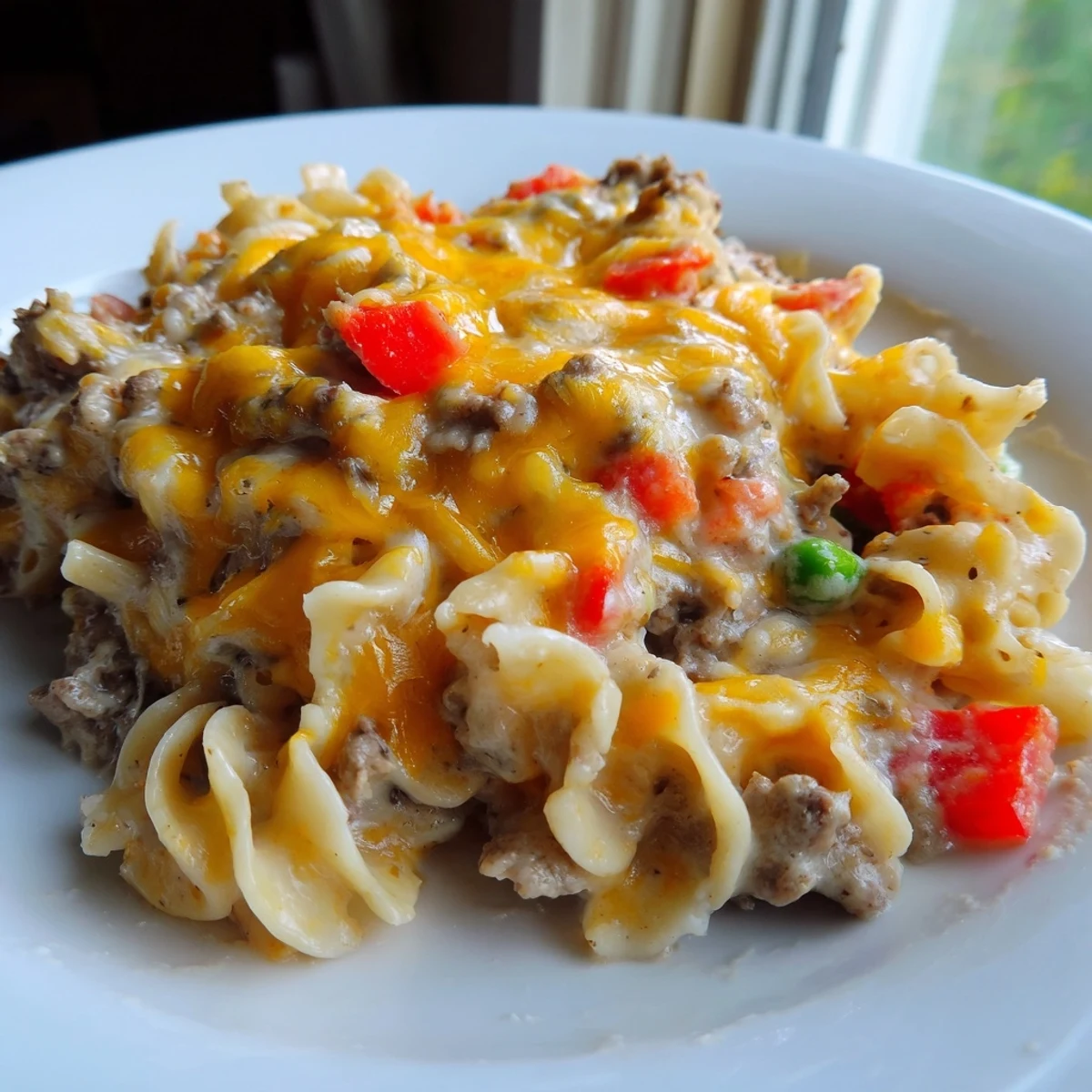 Creamy cheesy beef and noodle casserole topped with melted cheddar cheese