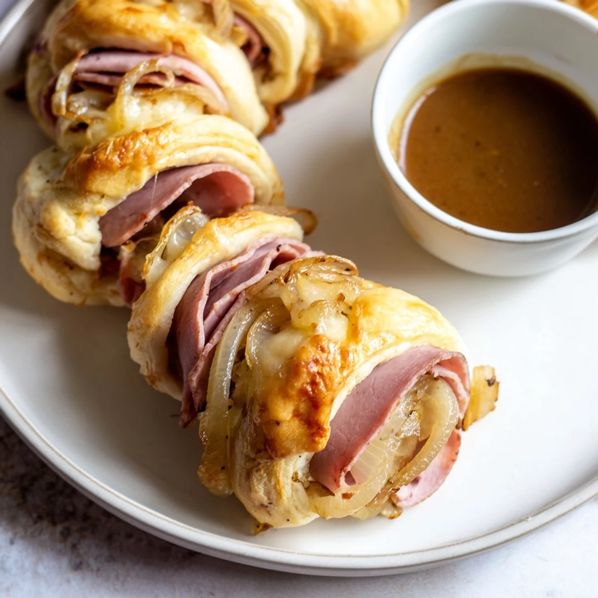 Golden beef and cheese French dip roll ups with savory au jus dipping sauce