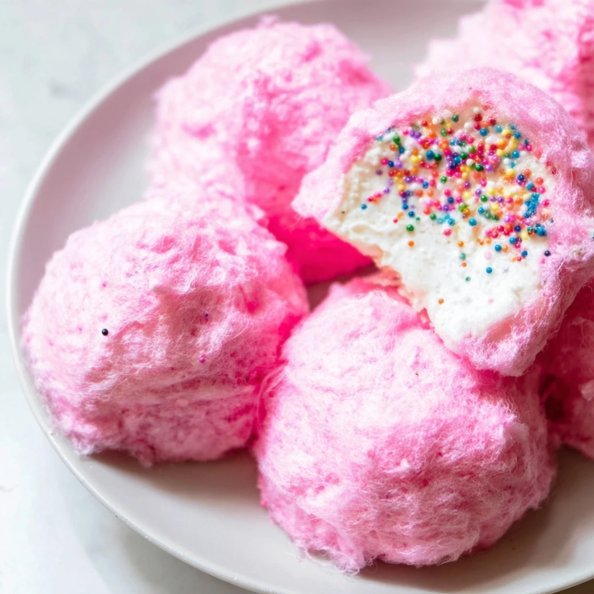 Pink cotton candy cheesecake puff balls topped with rainbow sprinkles on a white serving plate