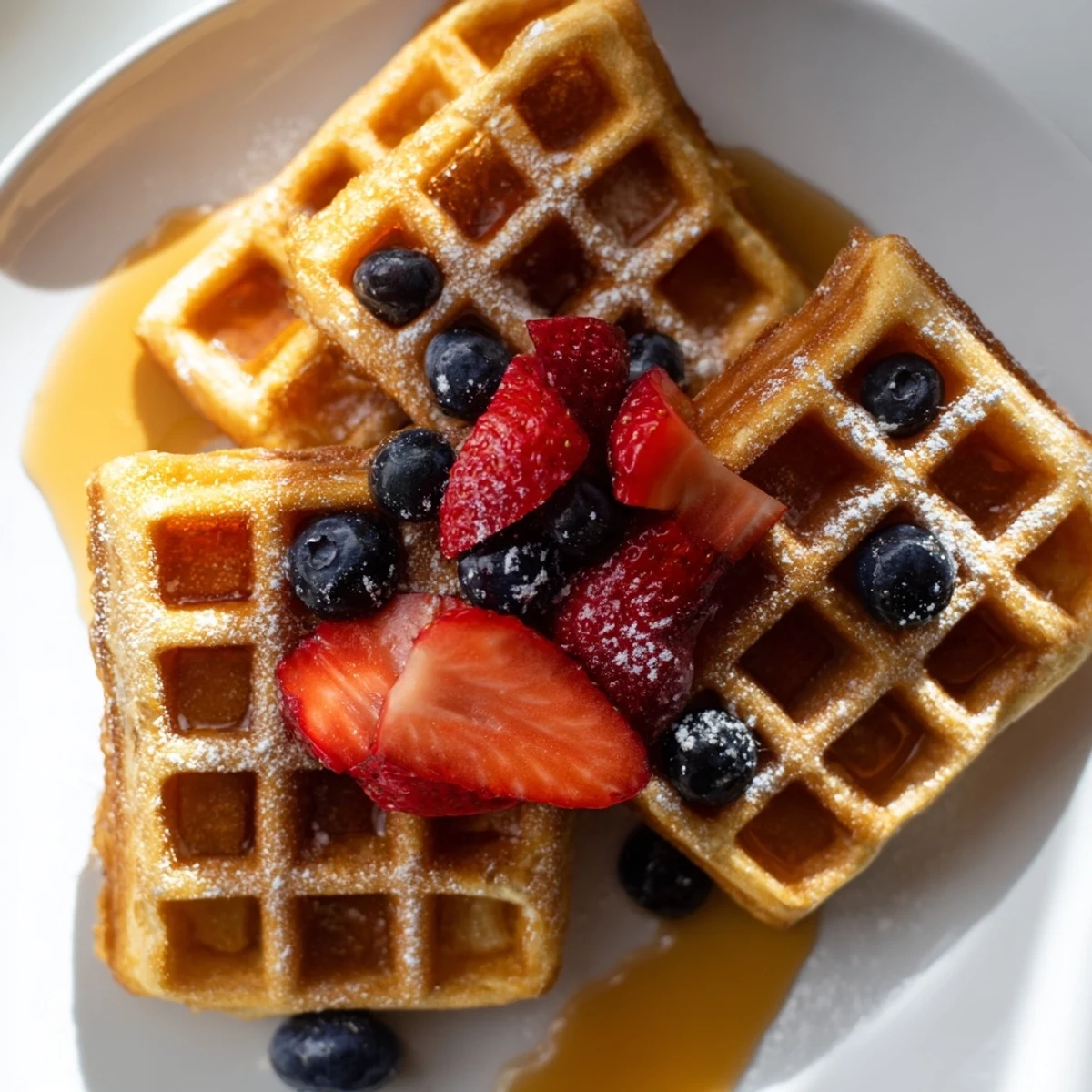 Fluffy Greek Yogurt Waffles topped with fresh berries and drizzled maple syrup