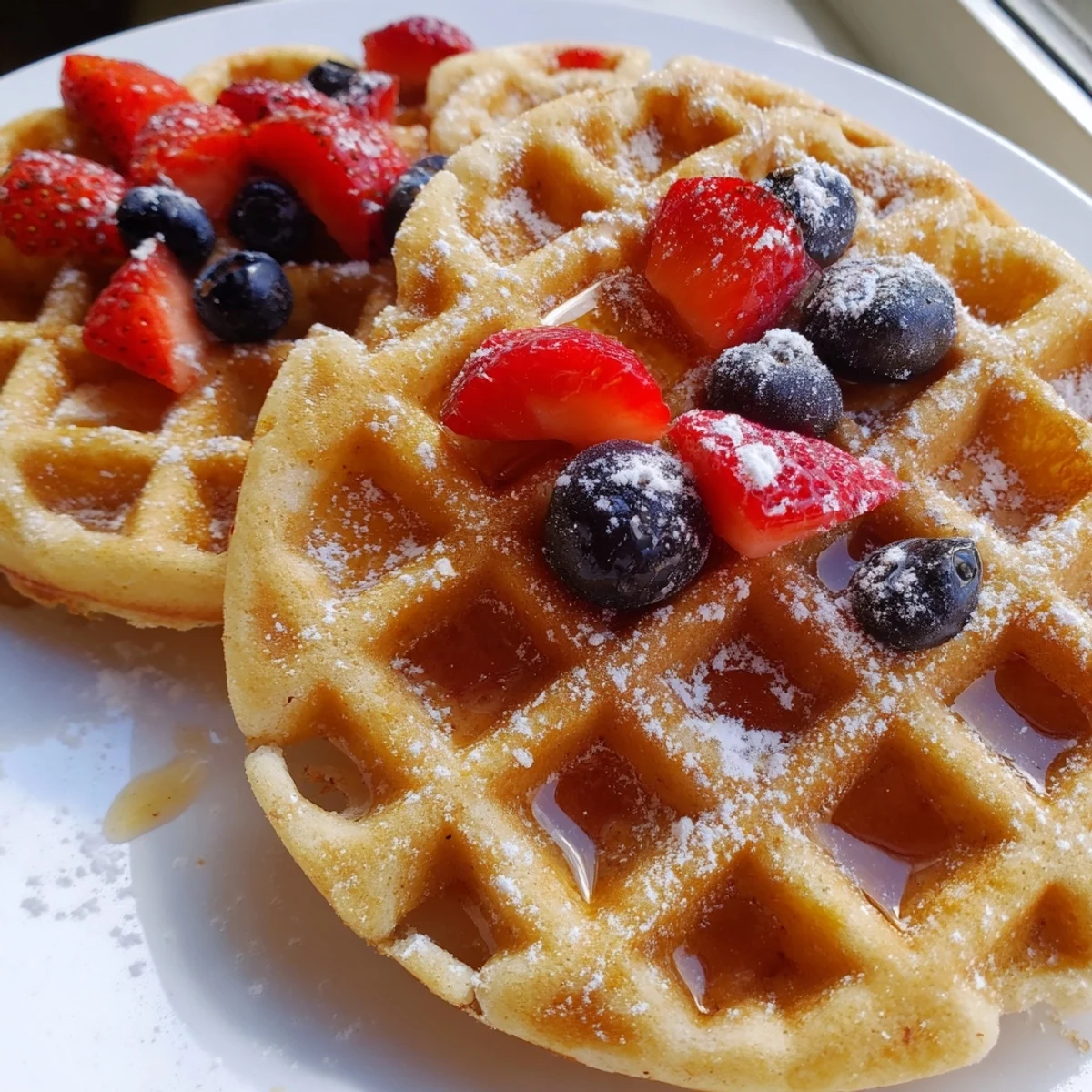 Golden brown Greek Yogurt Waffles with crisp edges served on a white plate