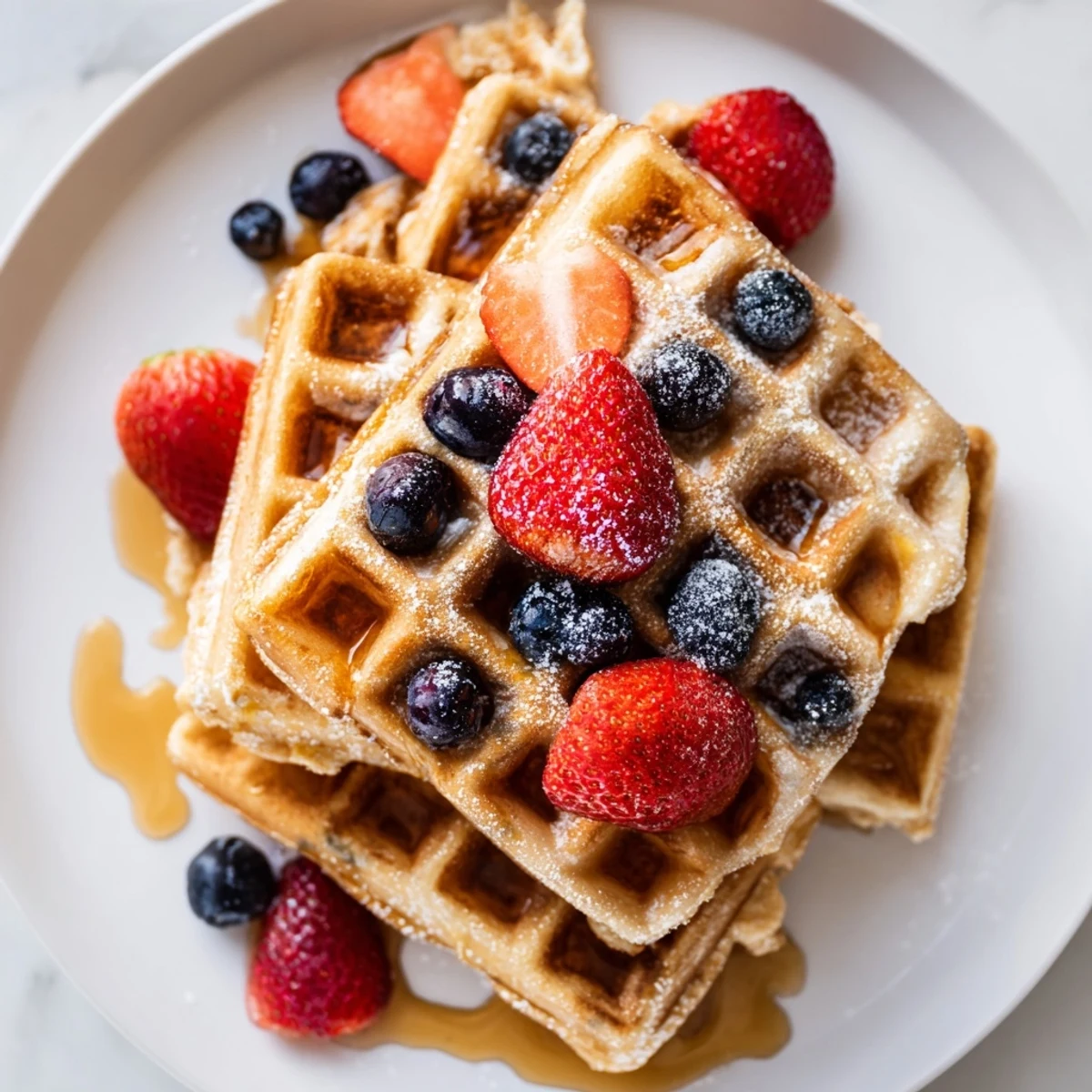 Stack of homemade Greek Yogurt Waffles with butter melting between each golden layer