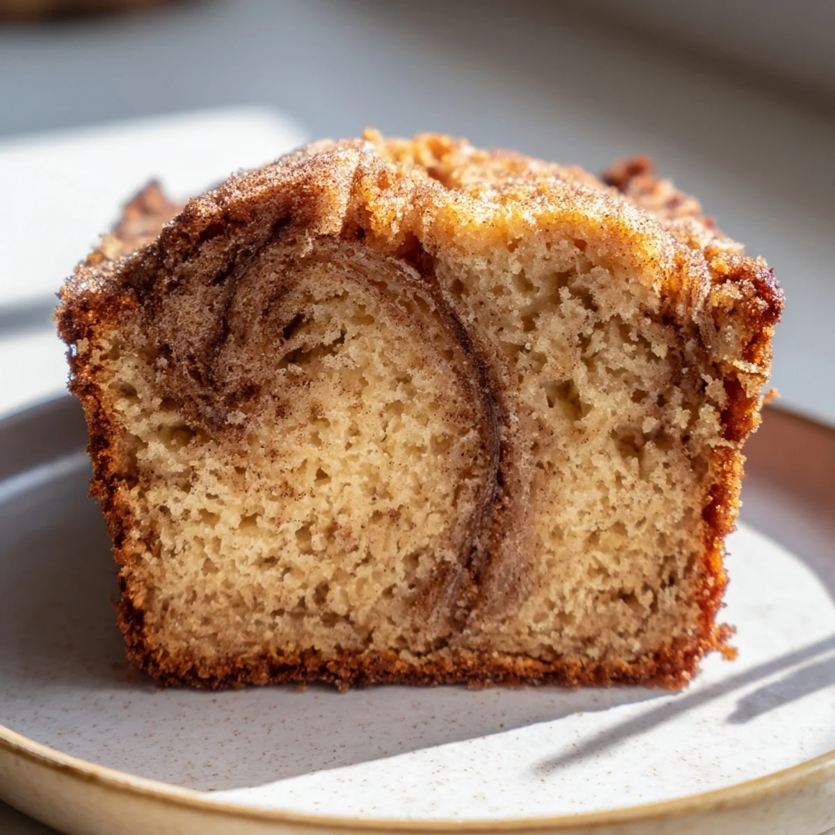Golden Cinnamon Sugar Swirl Banana Bread sliced thick showing moist crumb and marbled cinnamon streaks