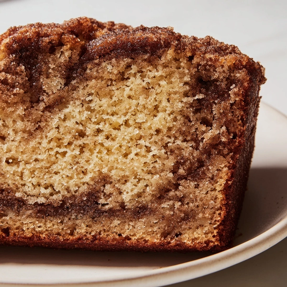 Warm slice of Cinnamon Sugar Swirl Banana Bread with melted butter on rustic wooden cutting board