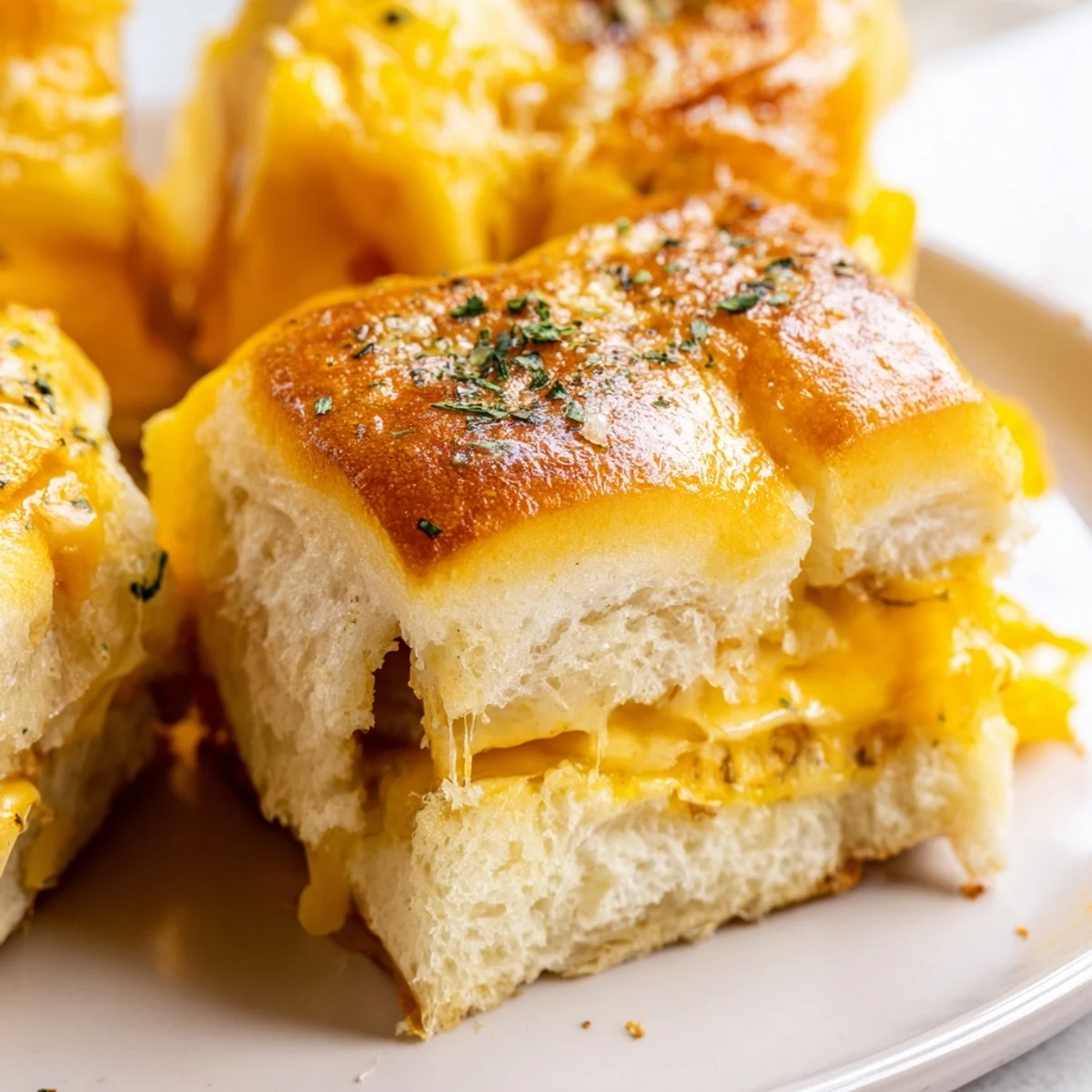 Golden mini grilled cheese Hawaiian rolls with melted cheddar oozing from buttery toasted sweet bread