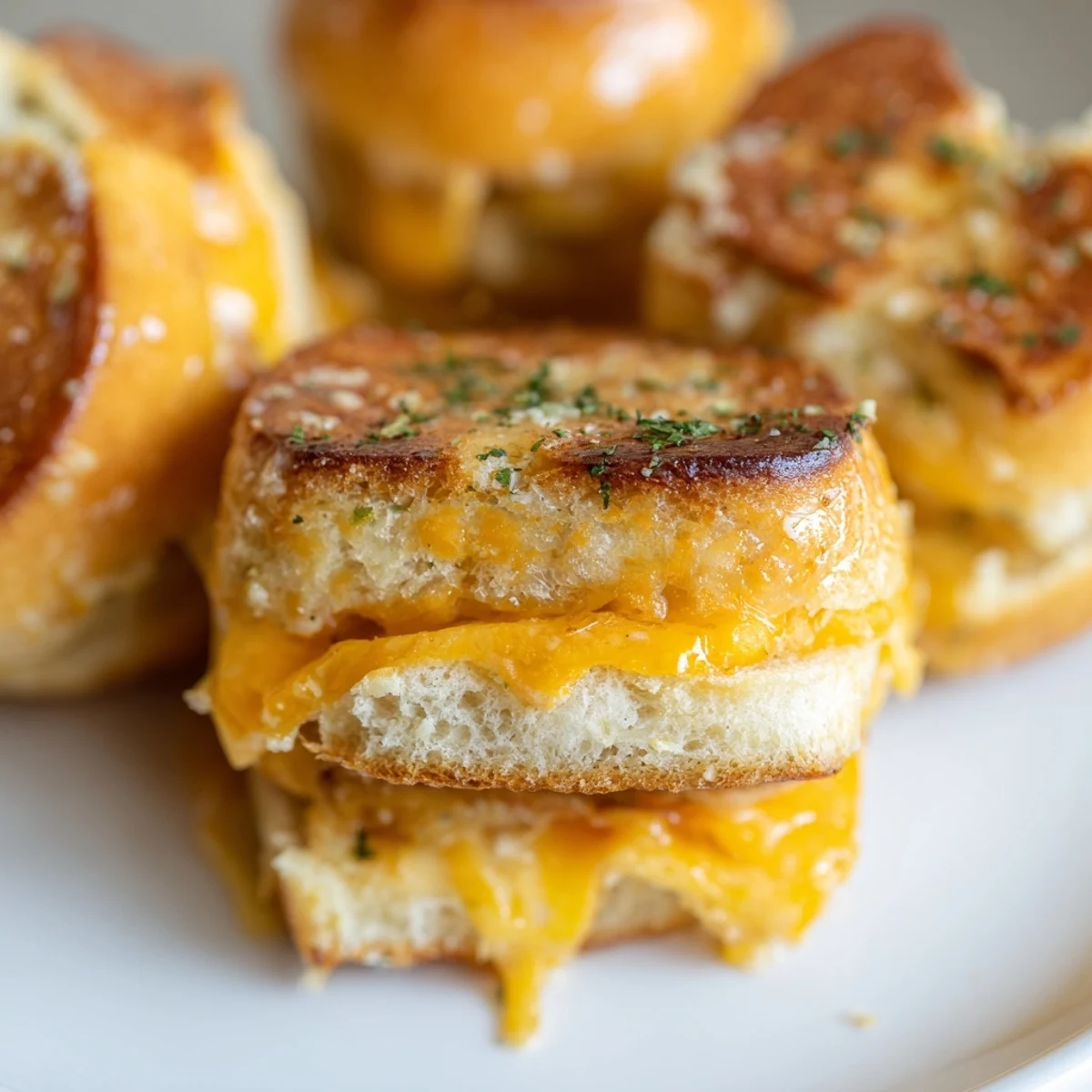 Crispy mini grilled cheese Hawaiian rolls cut open to reveal gooey melted cheese inside