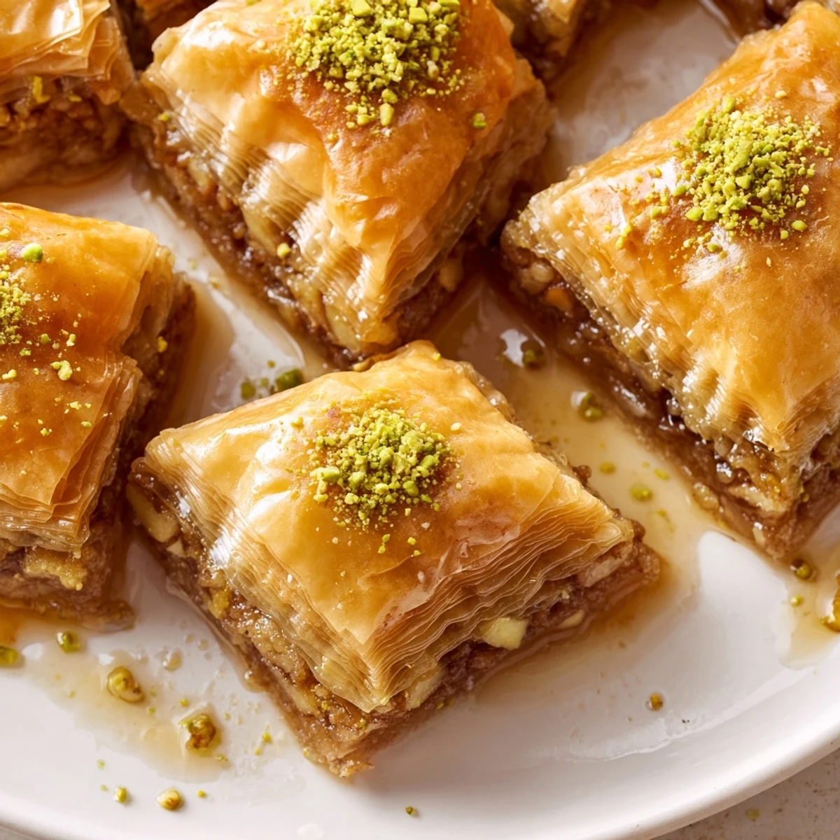 Golden Bosnian baklava layered nut pastry glistening with sweet syrup on white plate