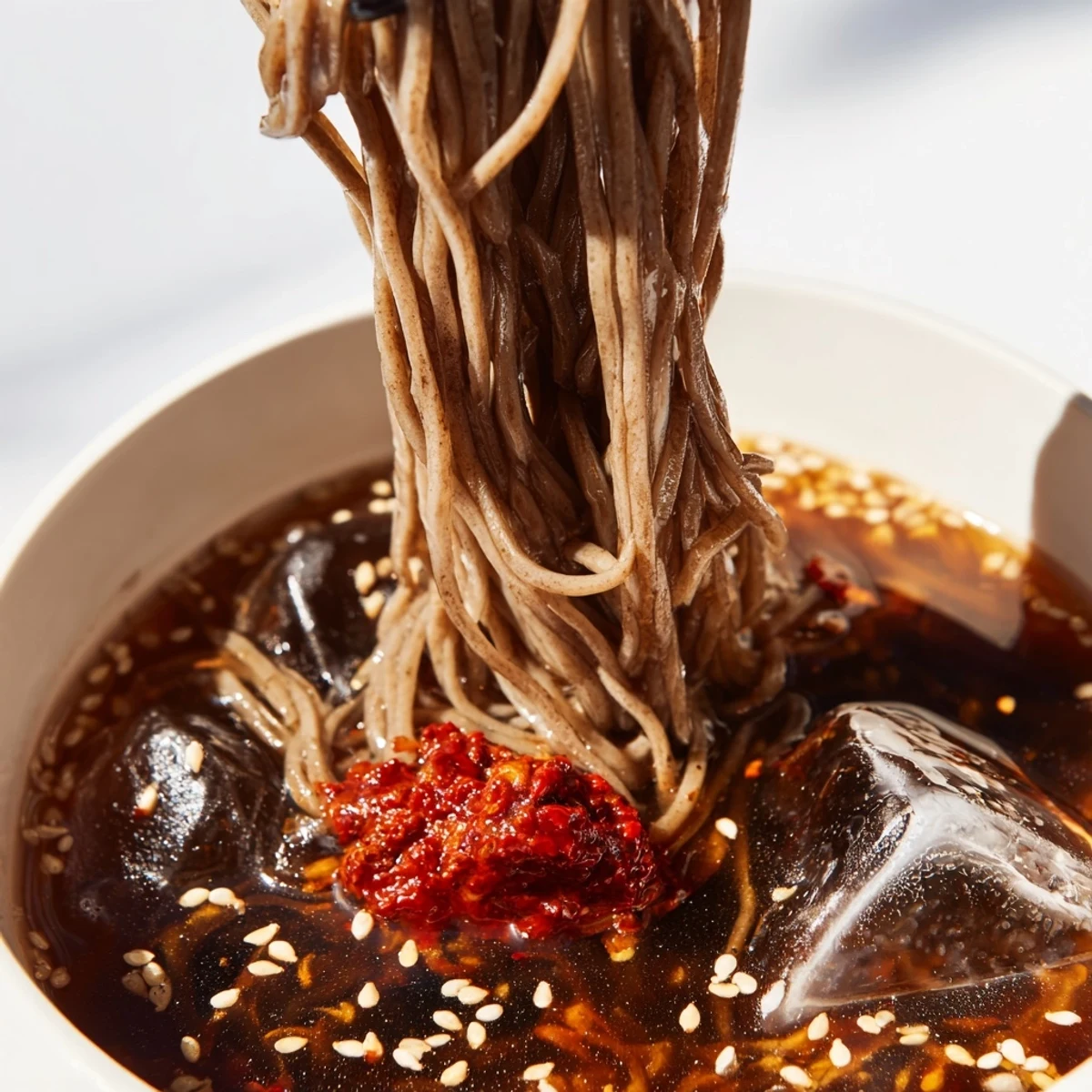 Chewy Korean naengmyeon noodles served in chilled tangy broth with crisp Asian pear slices