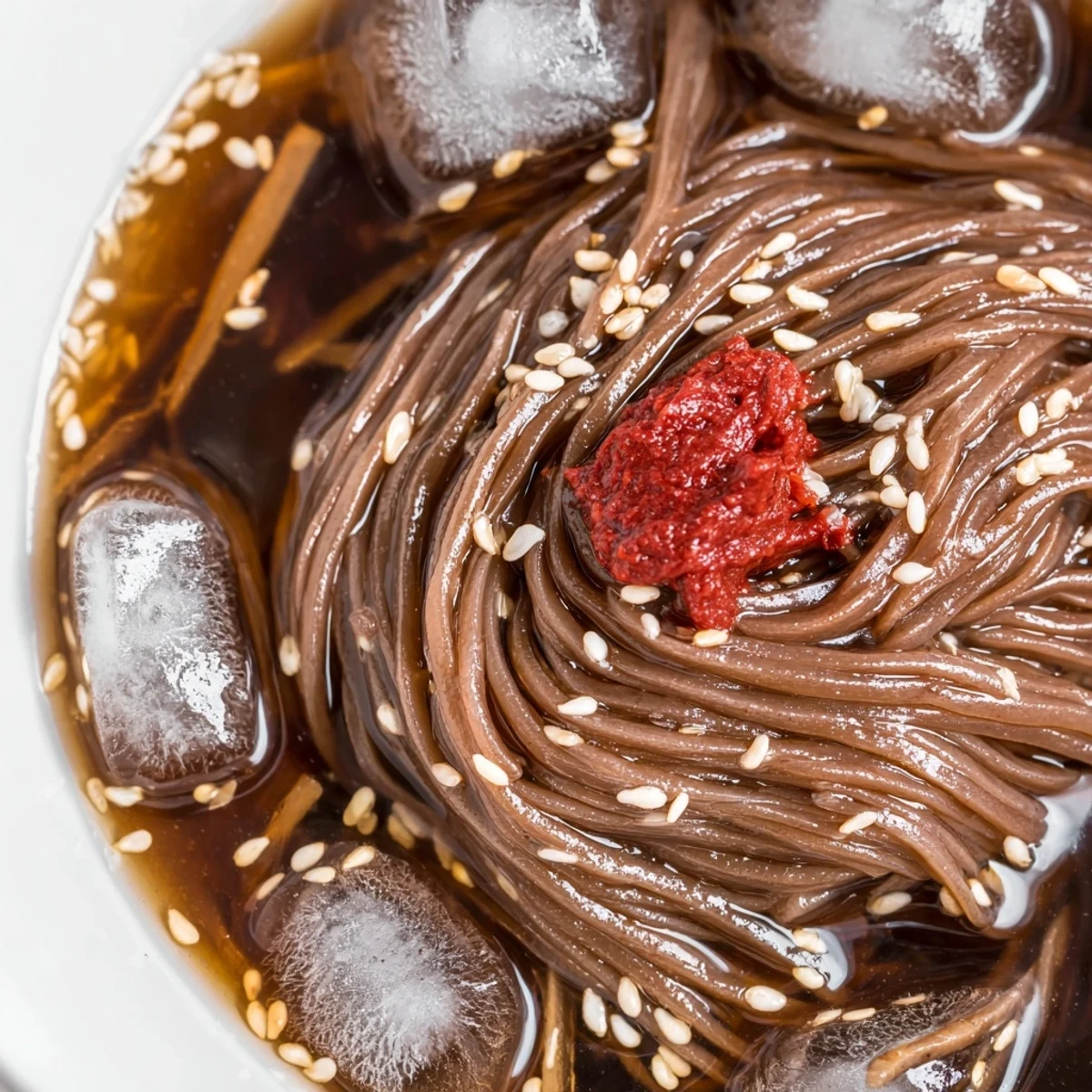 Cold Korean naengmyeon in iced savory broth topped with egg and tender beef