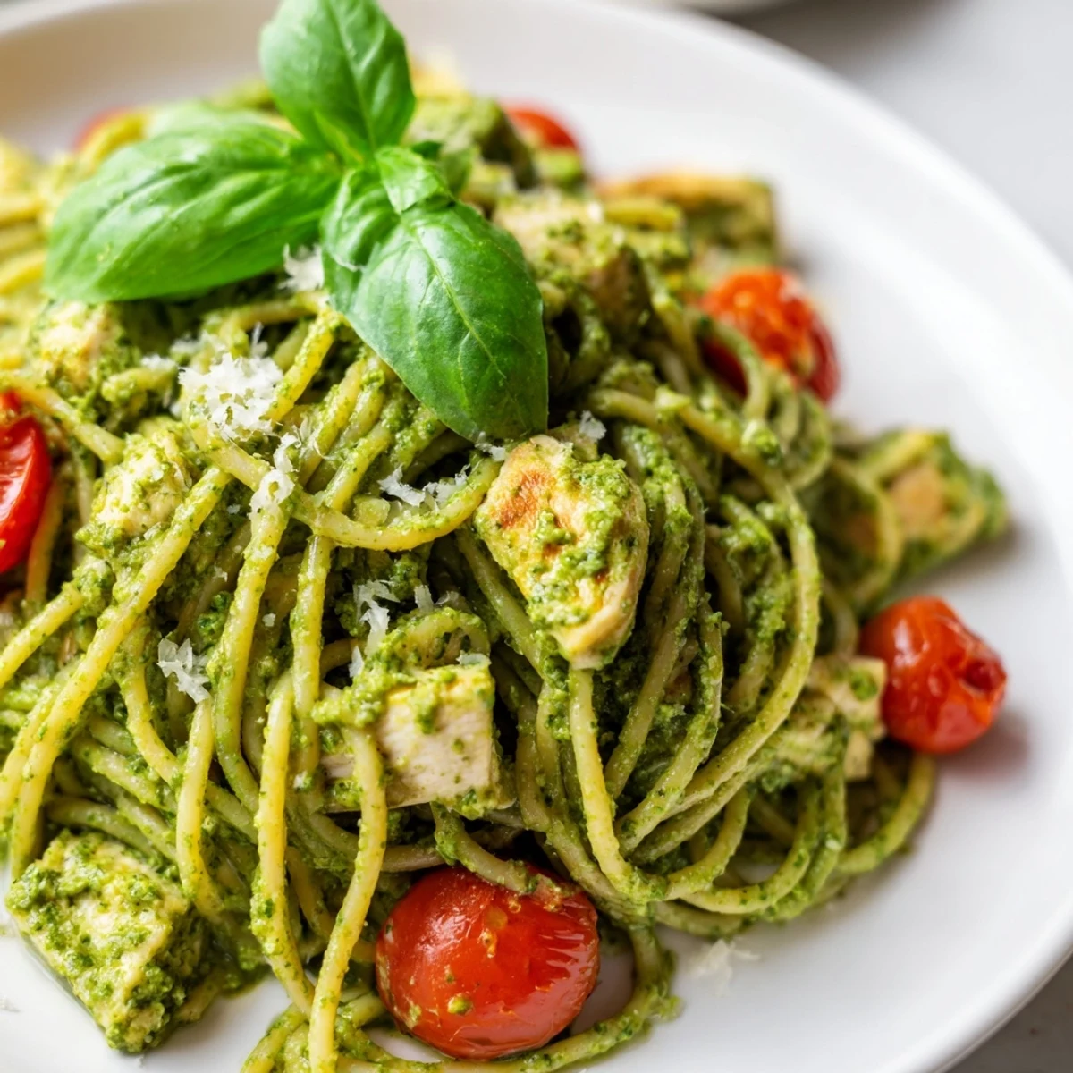 Light pesto pasta with chicken coated in vibrant green basil sauce and parmesan shavings