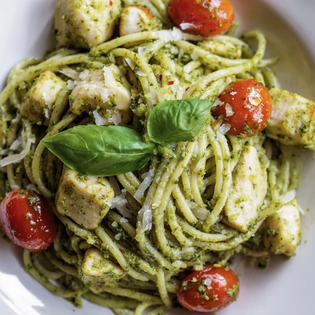 Tender chicken pieces tossed through light pesto pasta with bright cherry tomatoes and spinach
