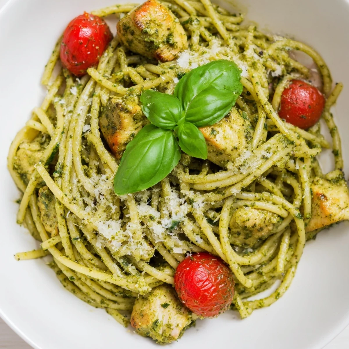 Steaming bowl of light pesto pasta with chicken garnished with fresh basil leaves