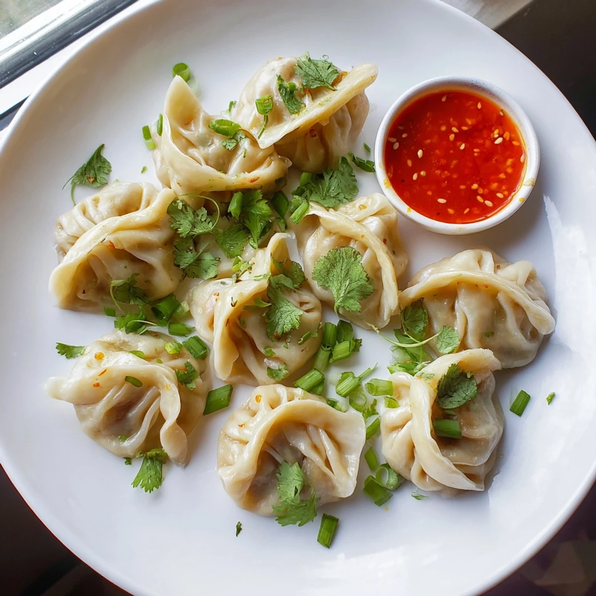 Steamed Nepali momo dumplings arranged on a bamboo tray with spicy tomato dipping sauce
