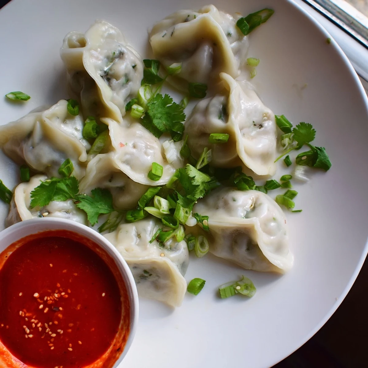 Golden steamer basket filled with freshly made Nepali momo dumplings garnished with cilantro