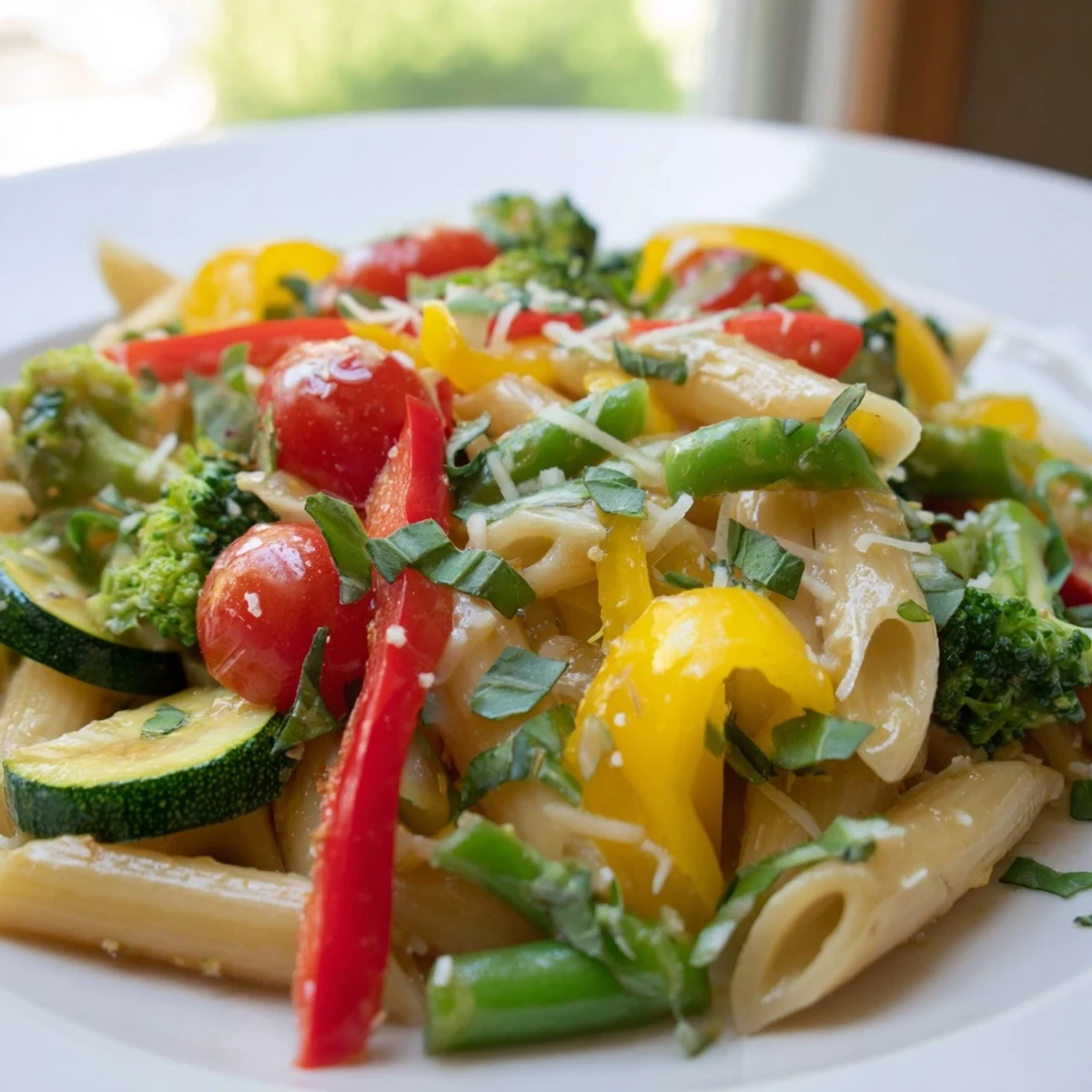 Colorful Pasta Primavera loaded with fresh spring vegetables in a light lemon garlic sauce