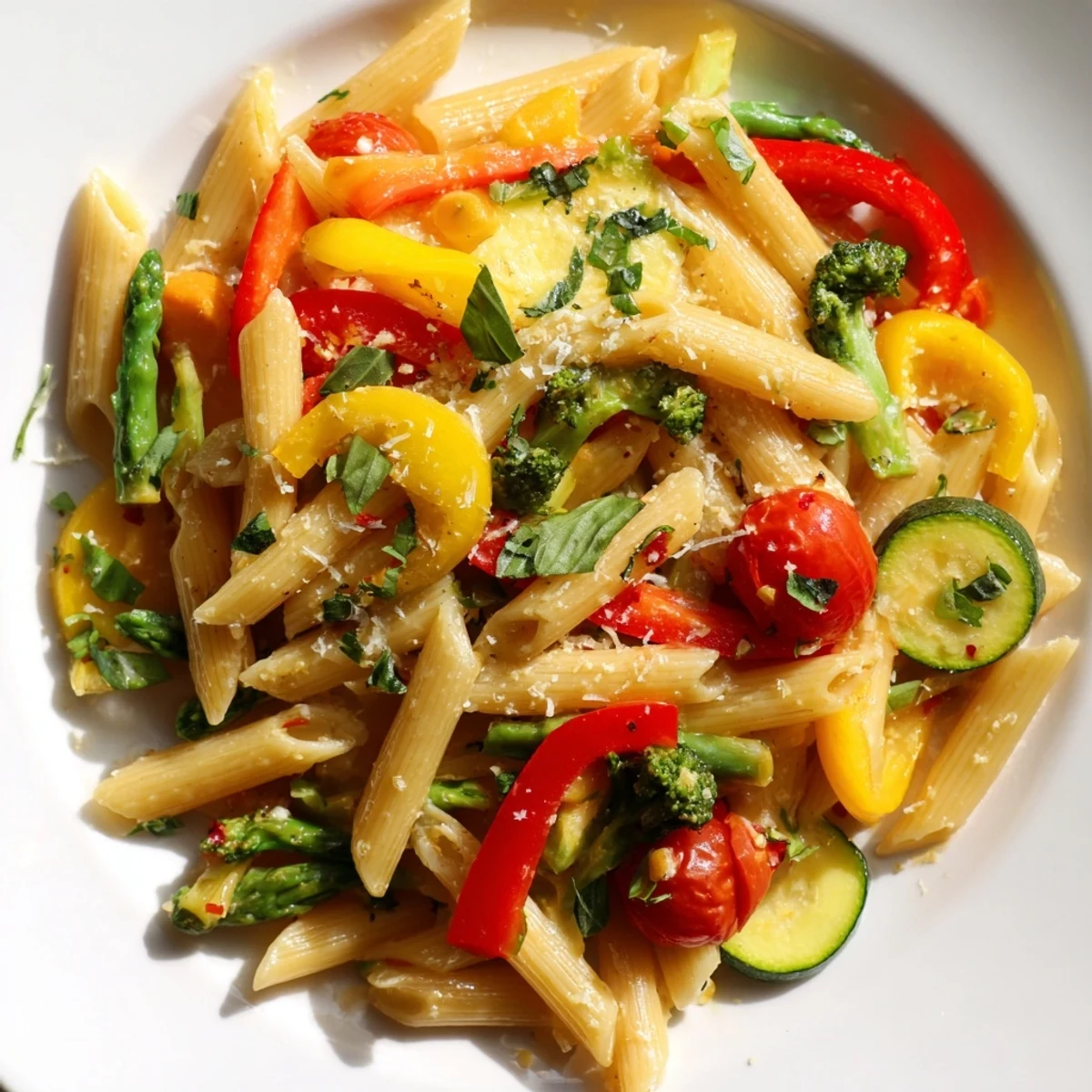 Creamy Pasta Primavera tossed with crisp zucchini, bell peppers, and sweet cherry tomatoes