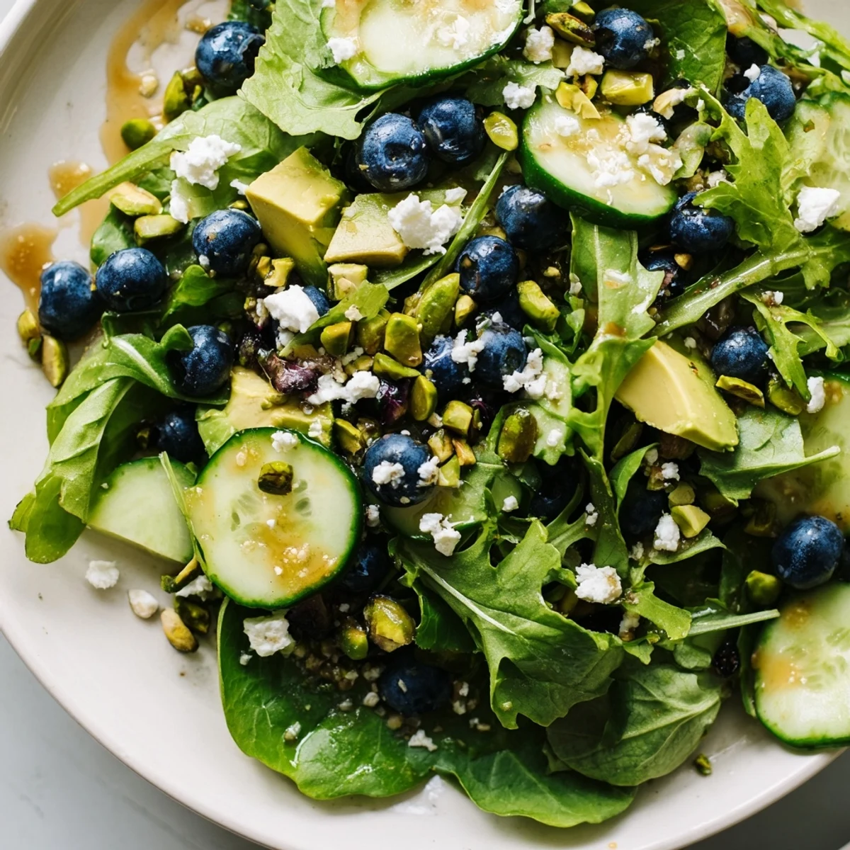 Blueberry Pistachio Spring Salad with fresh greens, creamy avocado, and tangy feta in bowl