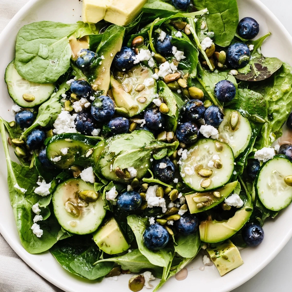 Vibrant Blueberry Pistachio Spring Salad topped with crunchy nuts and juicy berries on plate