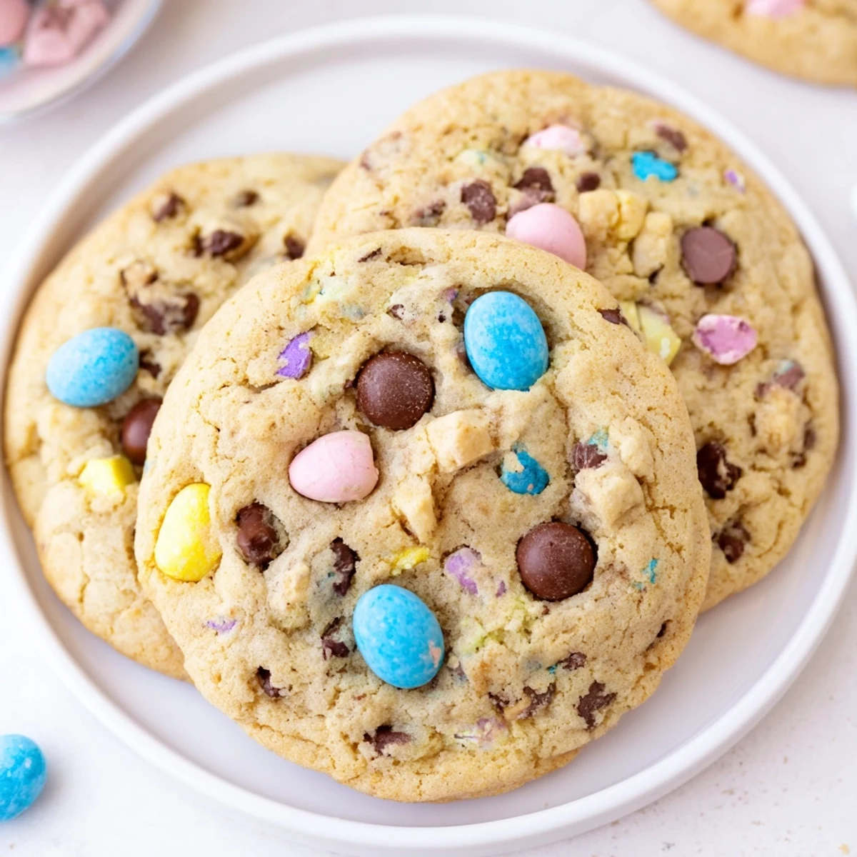 Soft golden Cadbury Egg Cookies with colorful candy pieces on a rustic baking sheet