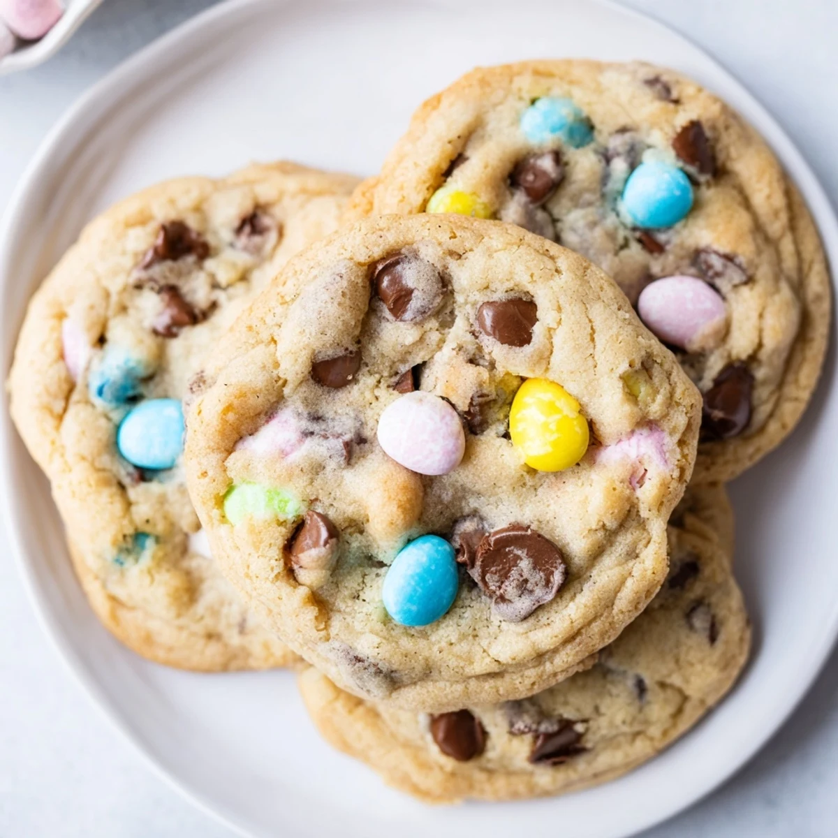 Chewy Cadbury Egg Cookies studded with chocolate chips and pastel egg fragments close-up