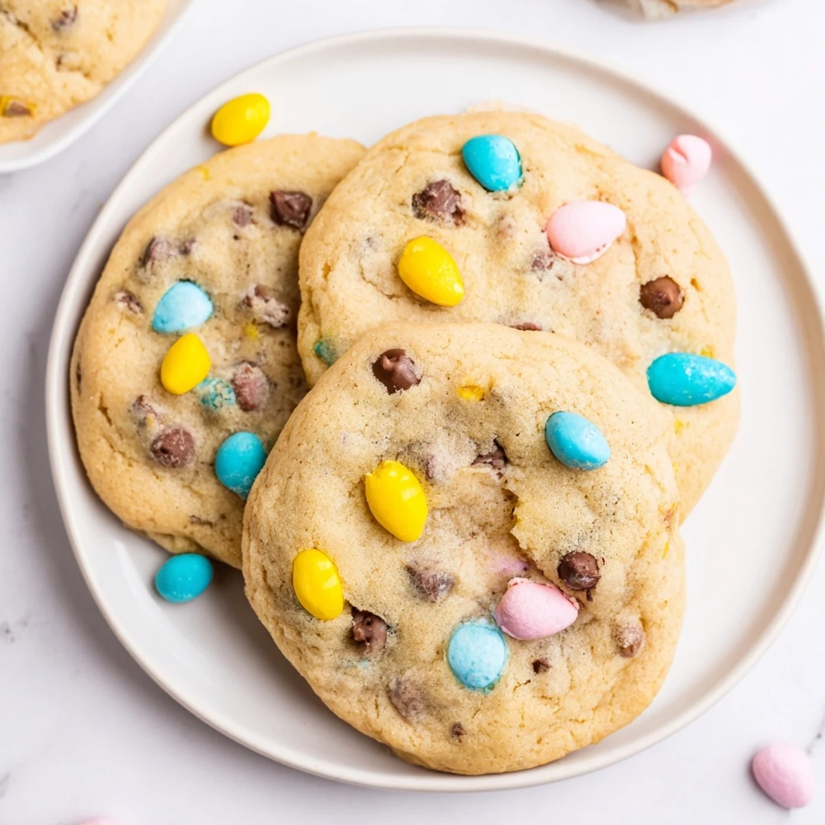 Warm Cadbury Egg Cookies fresh from the oven topped with melted chocolate and sprinkles