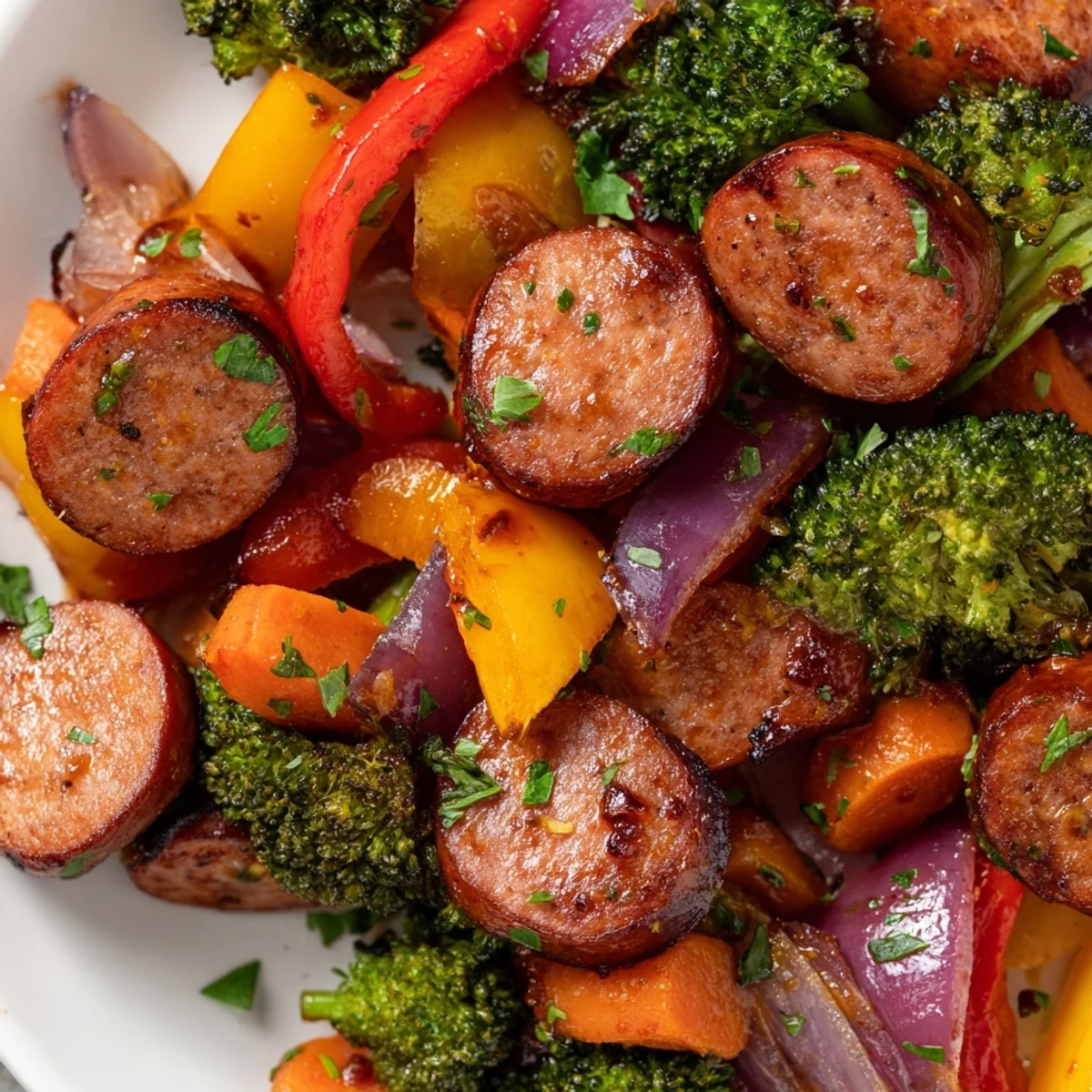 Golden caramelized honey garlic kielbasa with roasted veggies on a sheet pan