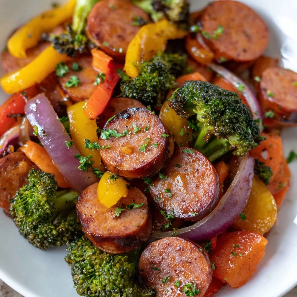 Smoky kielbasa slices glistening with honey garlic glaze beside tender colorful vegetables
