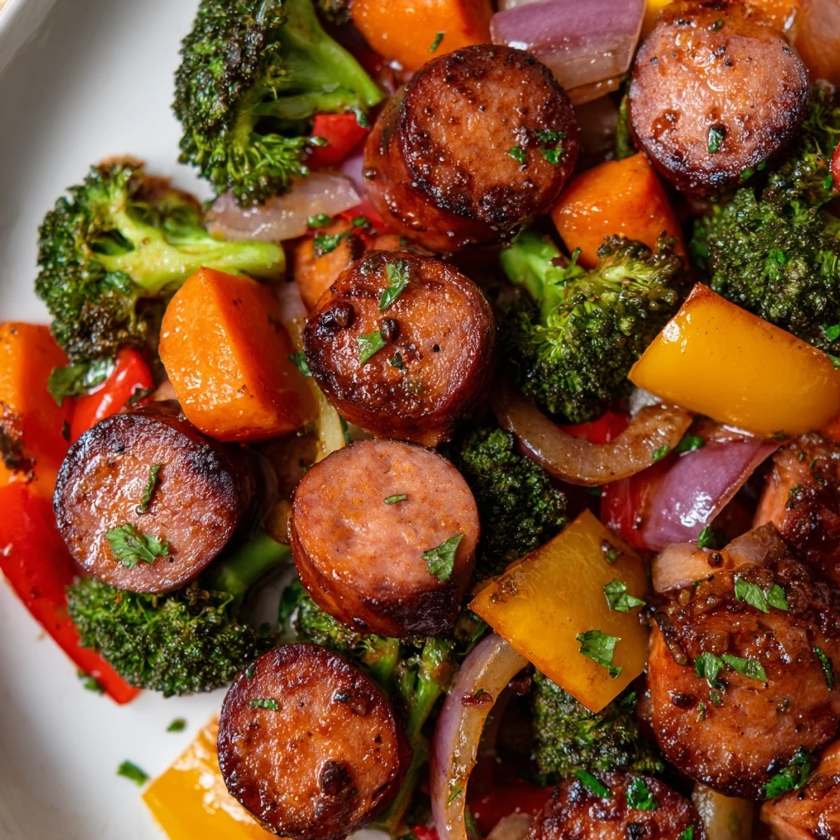 One pan honey garlic kielbasa and vibrant veggies drizzled in sweet sauce