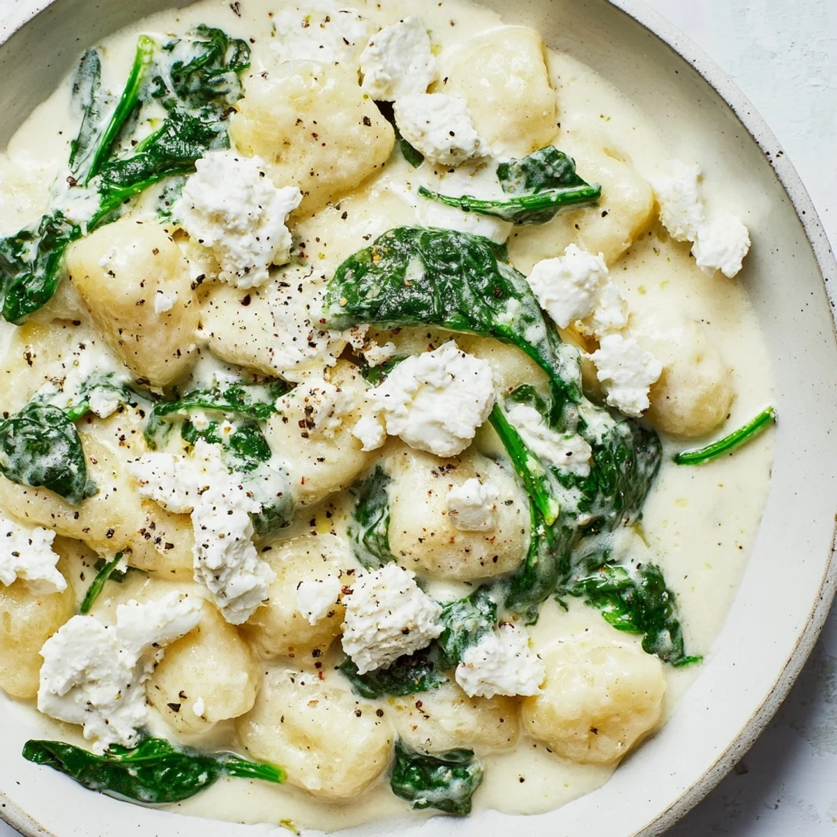 Soft potato gnocchi with spinach and feta swimming in a velvety cream sauce