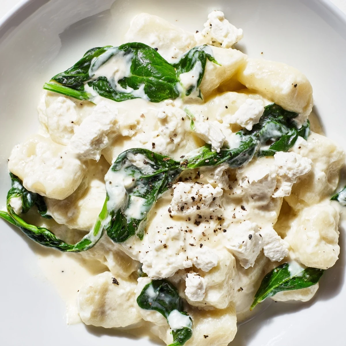 Creamy gnocchi with spinach and feta topped with crumbled cheese in white bowl