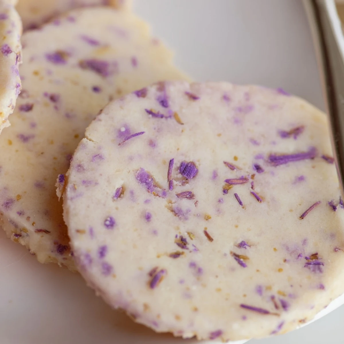 Soft lilac sugar cookies with pale purple edges cooling on a wire rack