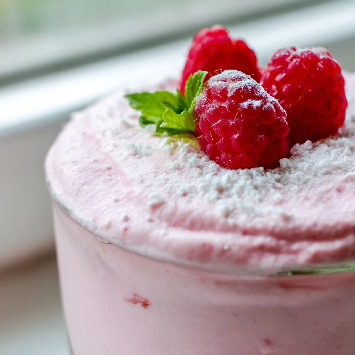 Fresh Raspberry Cloud Mousse in elegant glasses topped with bright red berries and mint leaves