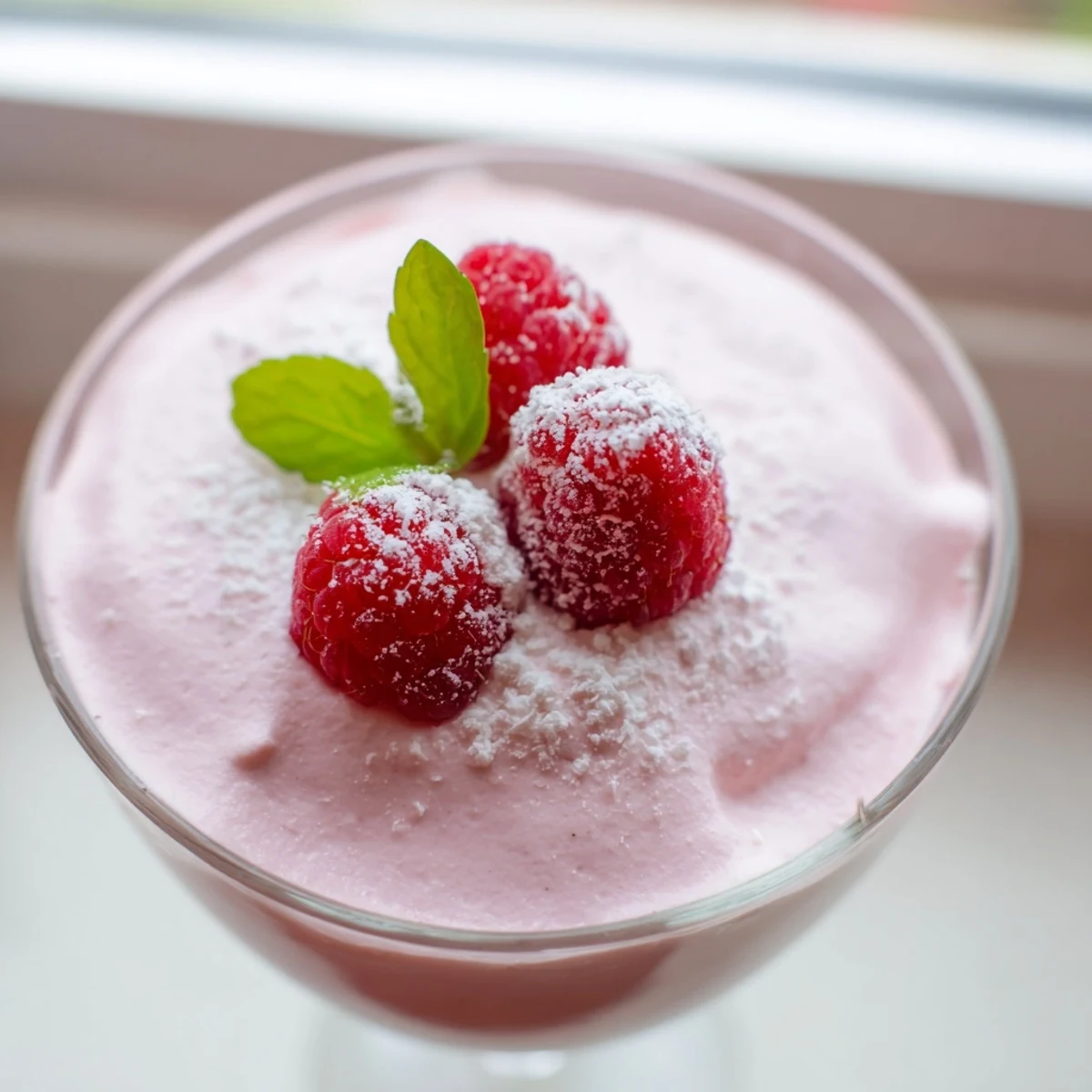 Silky pink Fresh Raspberry Cloud Mousse spooned into crystal dessert cups with whipped cream peaks