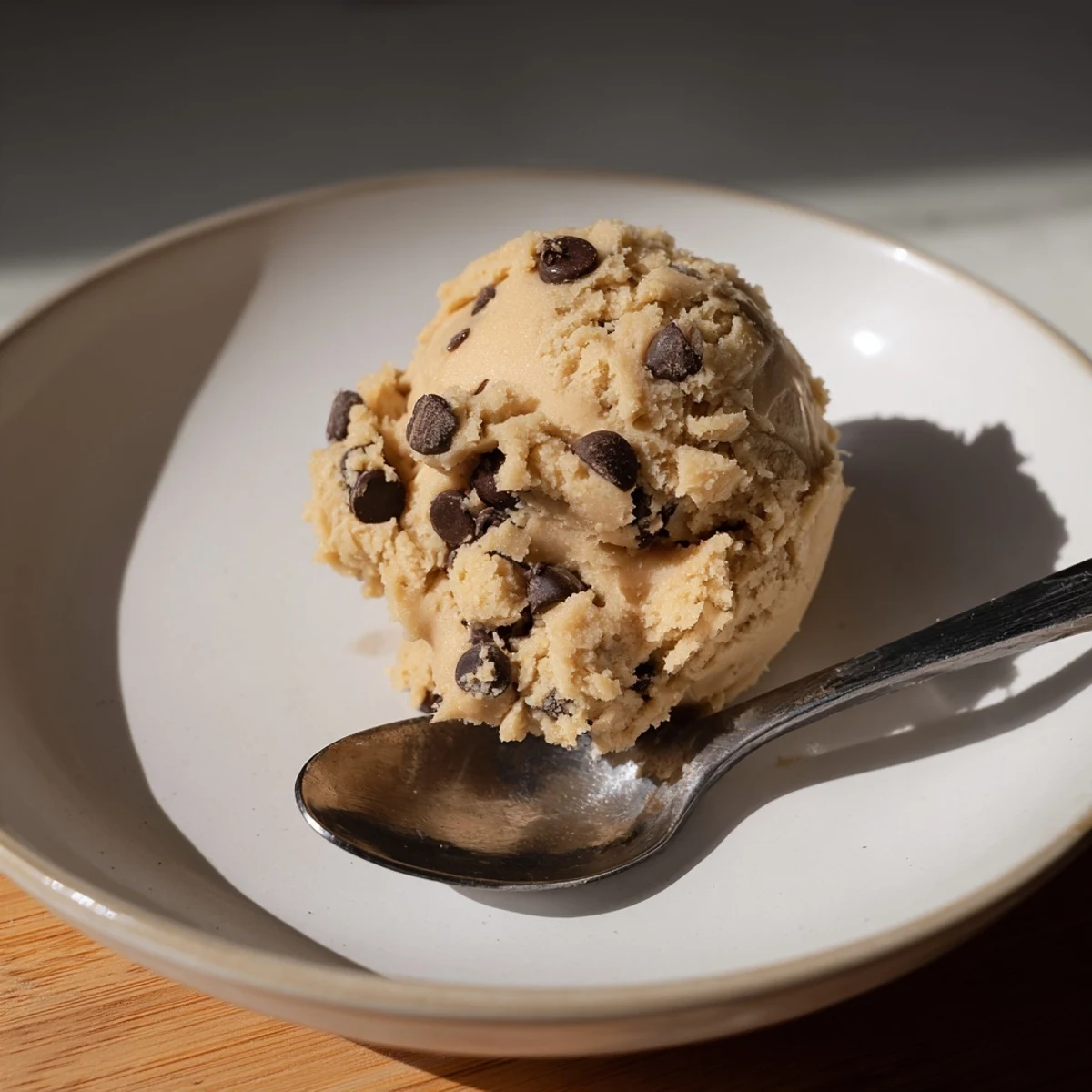 Chocolate chip cookie dough in a bowl speckled with chocolate chips ready to eat