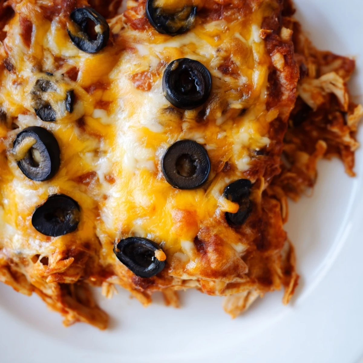 Cheesy shredded chicken enchilada bake with bubbling golden cheese and fresh cilantro garnish