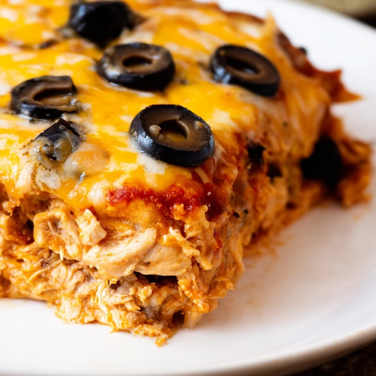 Warm cheesy shredded chicken enchilada bake in a casserole dish with melted cheese topping