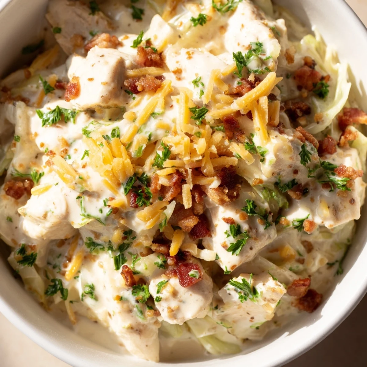 Creamy chicken bacon ranch cabbage bowls topped with crispy bacon and fresh parsley garnish