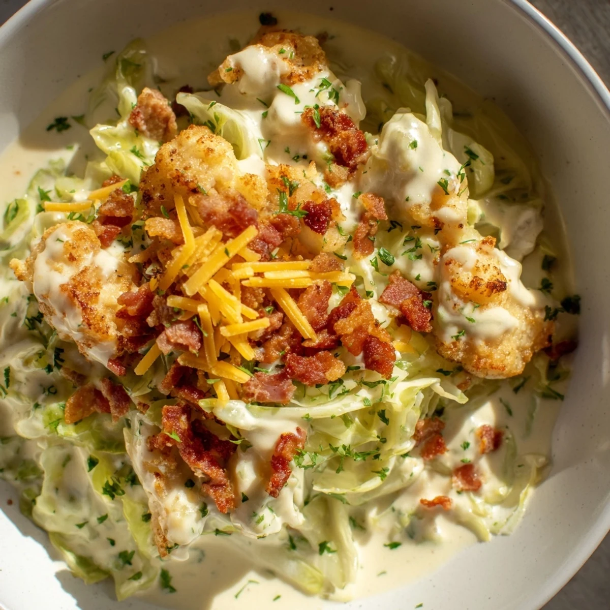 Tender chicken and crispy bacon tossed in ranch sauce over sautéed green cabbage