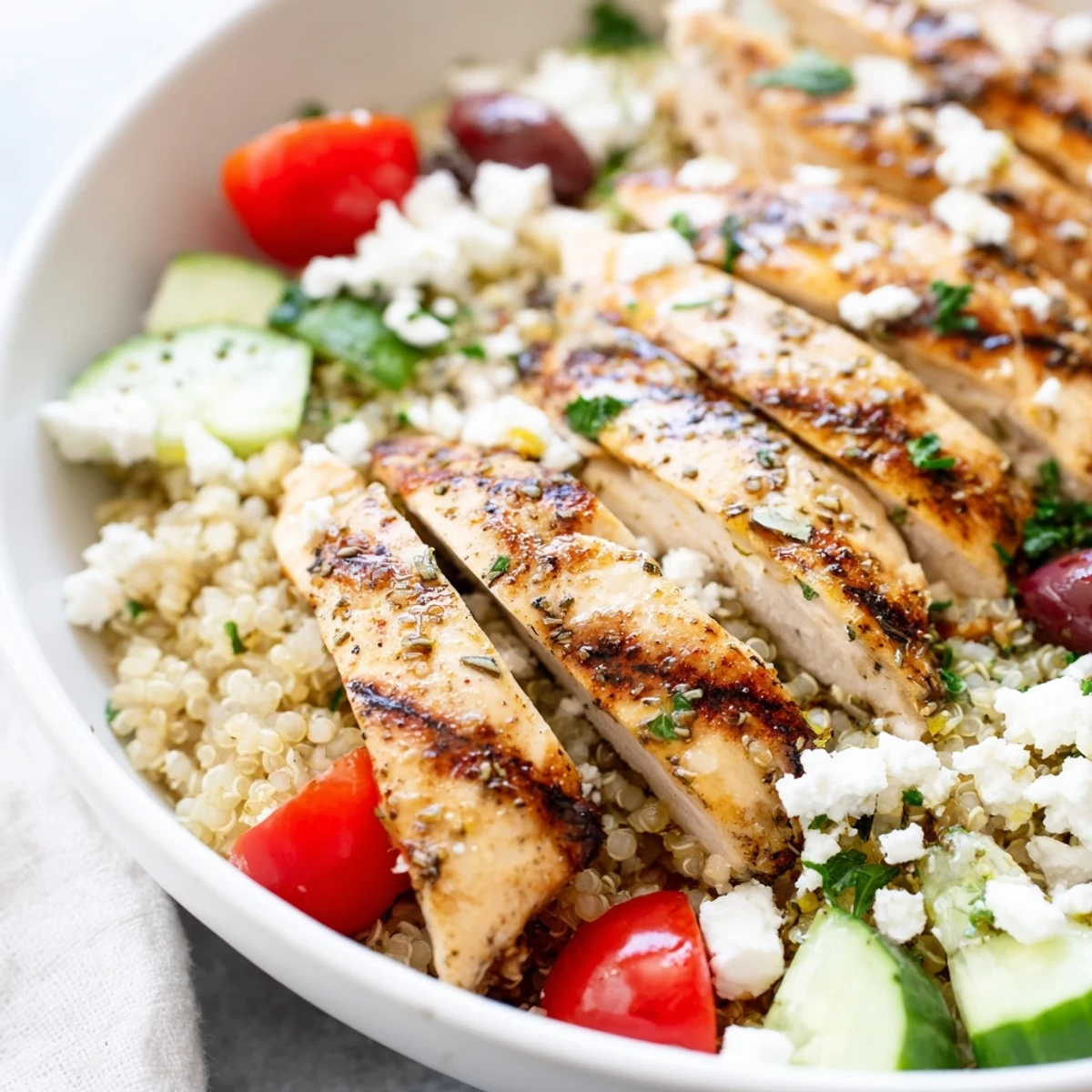 Mediterranean chicken quinoa bowl topped with juicy grilled chicken and vibrant fresh vegetables