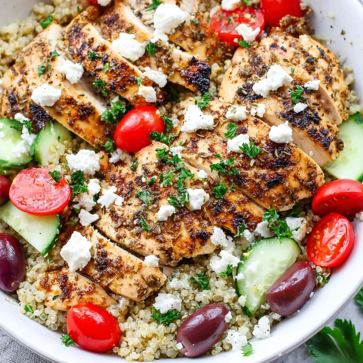Fluffy quinoa layered with sliced chicken, feta, and crisp colorful veggies