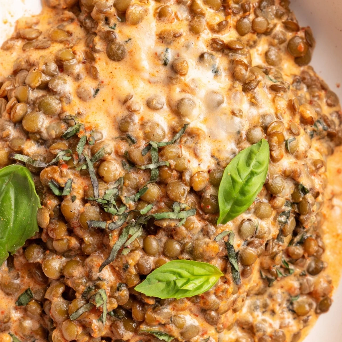 Creamy Marry Me Lentils swimming in rich sun-dried tomato sauce with fresh basil garnish on top