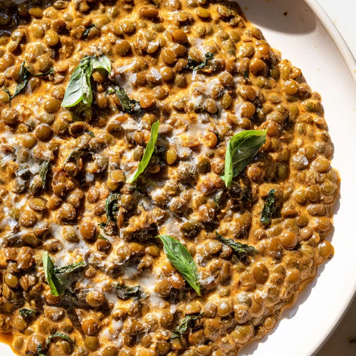 Warm bowl of Creamy Marry Me Lentils topped with grated Parmesan and chopped fresh basil