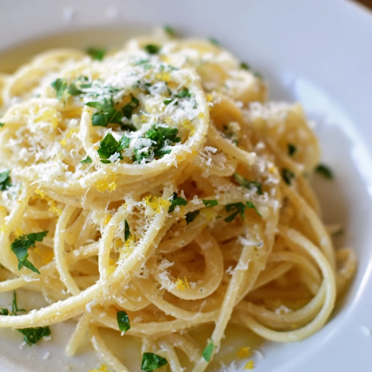Steaming plate of Parmesan lemon pasta glistening with olive oil and grated cheese topping