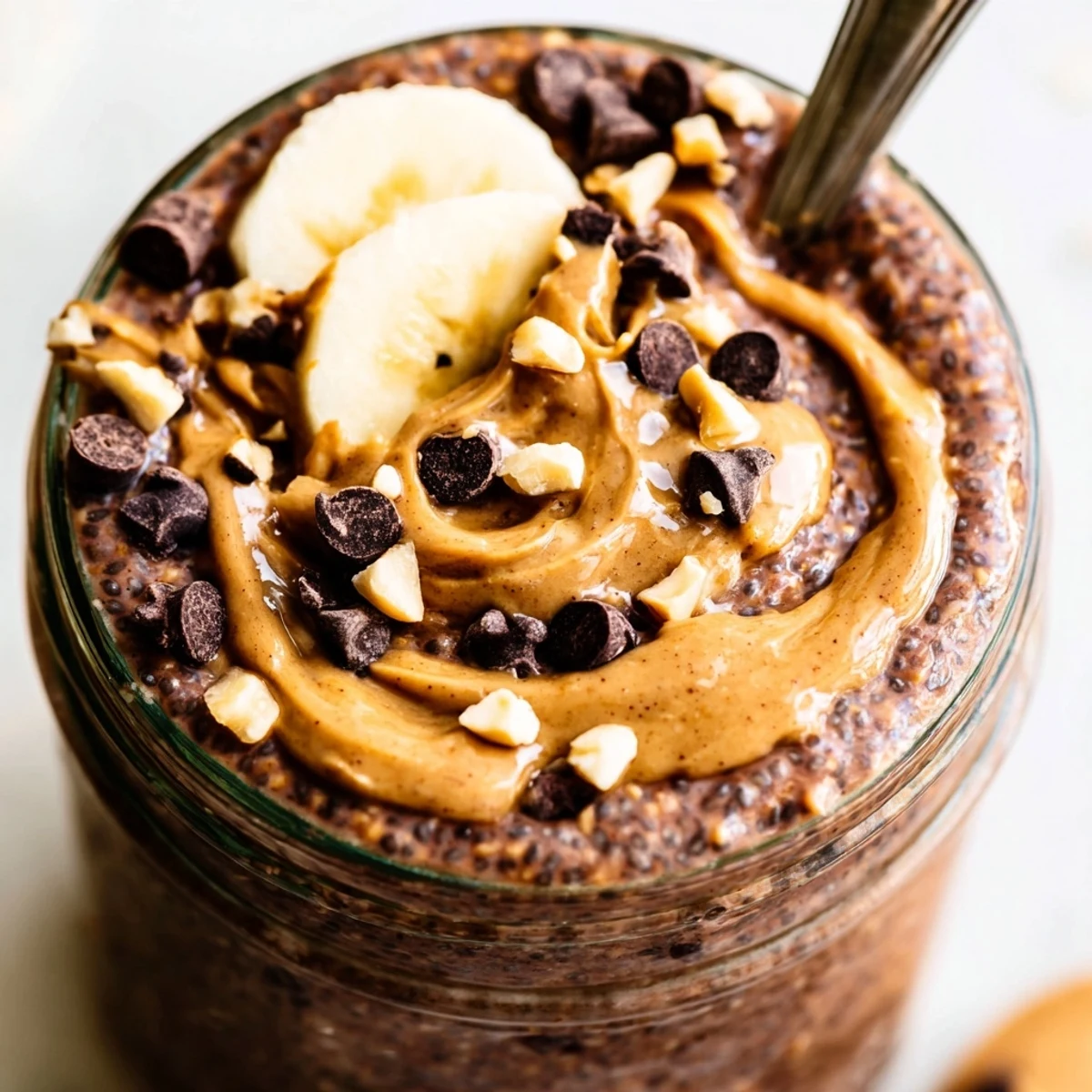 Creamy chocolate peanut butter overnight oats topped with chocolate chips in a glass jar
